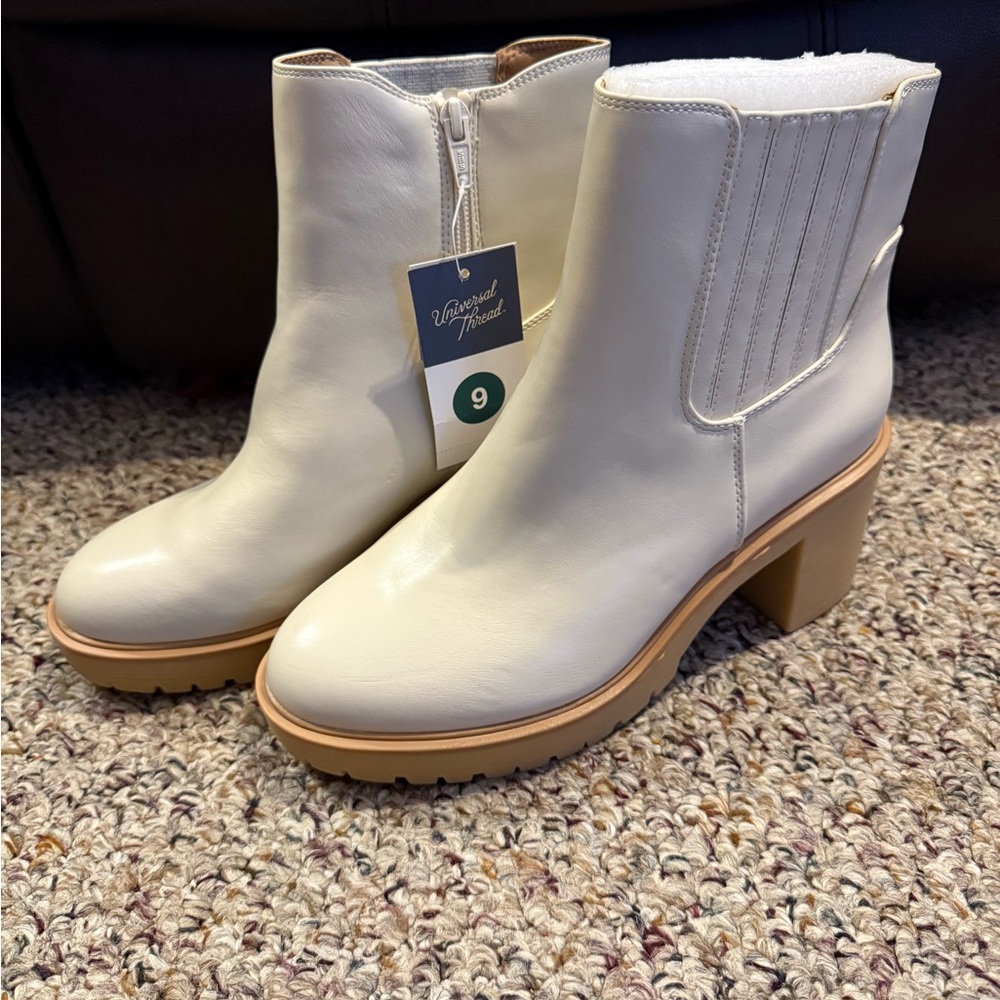 Universal Thread Cream Heeled Boots with Chunky Heel